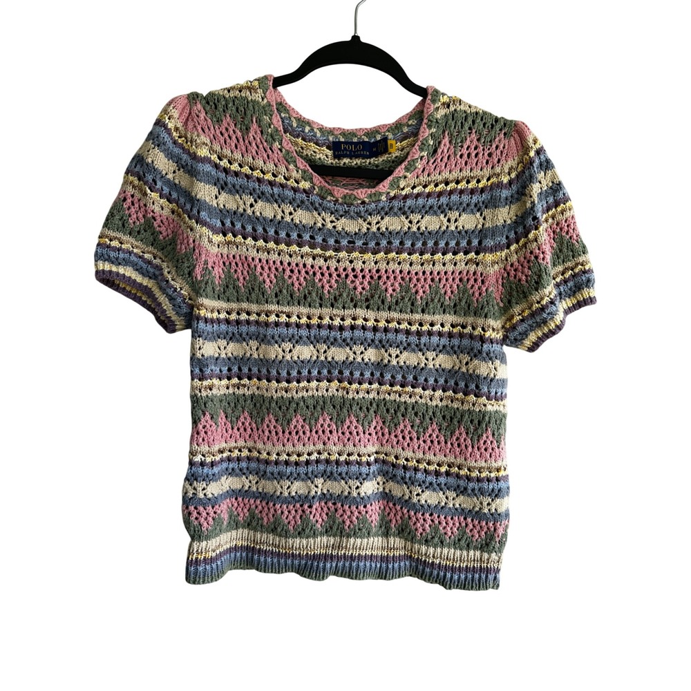 Polo Ralph Lauren Stripe Pointelle Knit Crochet Short Sleeve Sweater Medium
